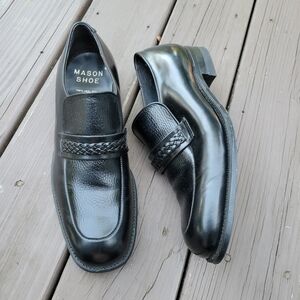 Vintage 60s Mason Shoes Black Leather Braided Vamp‎ Moc Toe Dress Loafers 11.5